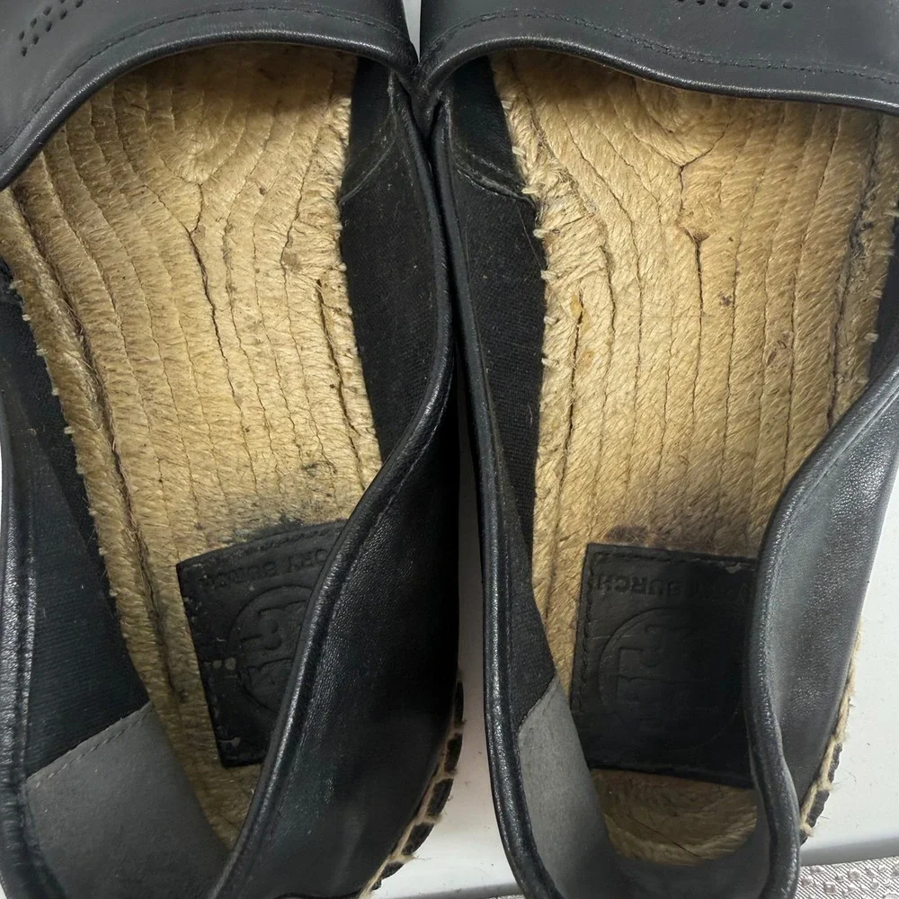 Tory Burch Ines Perforated Logo Espadrille Flats Size 7.5 Black Leather Jute